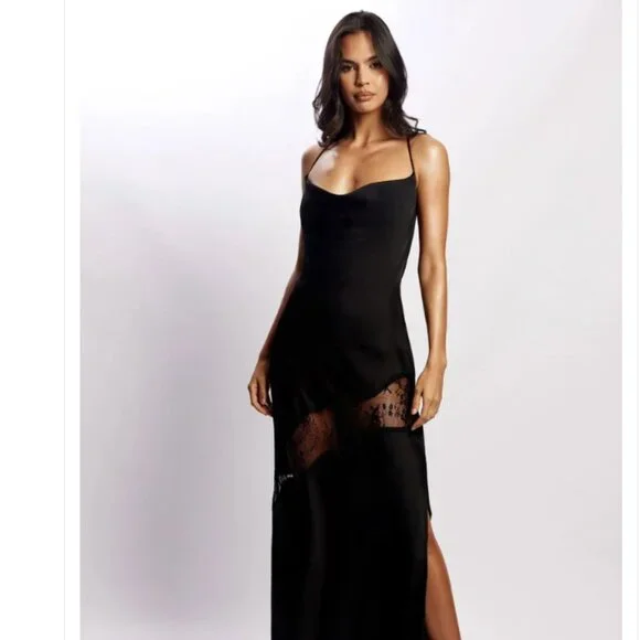 Chandra Lace Detail Satin Maxi Dress - Black NWOT -  threedaughtersproperties.com